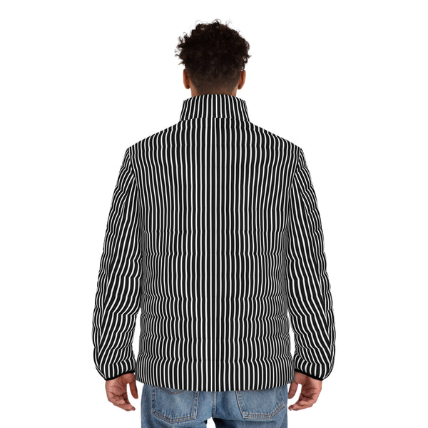 Striped Black & White Puffer Jacket — Men's Quilted Zip-Up Coat