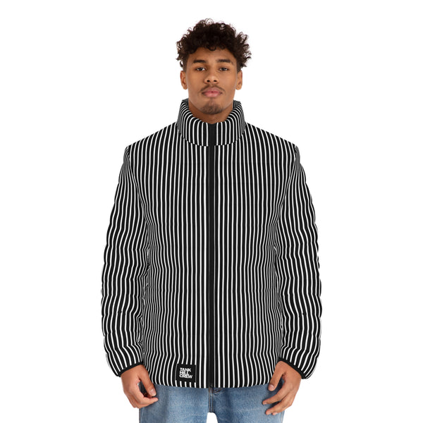 Striped Black & White Puffer Jacket — Men's Quilted Zip-Up Coat